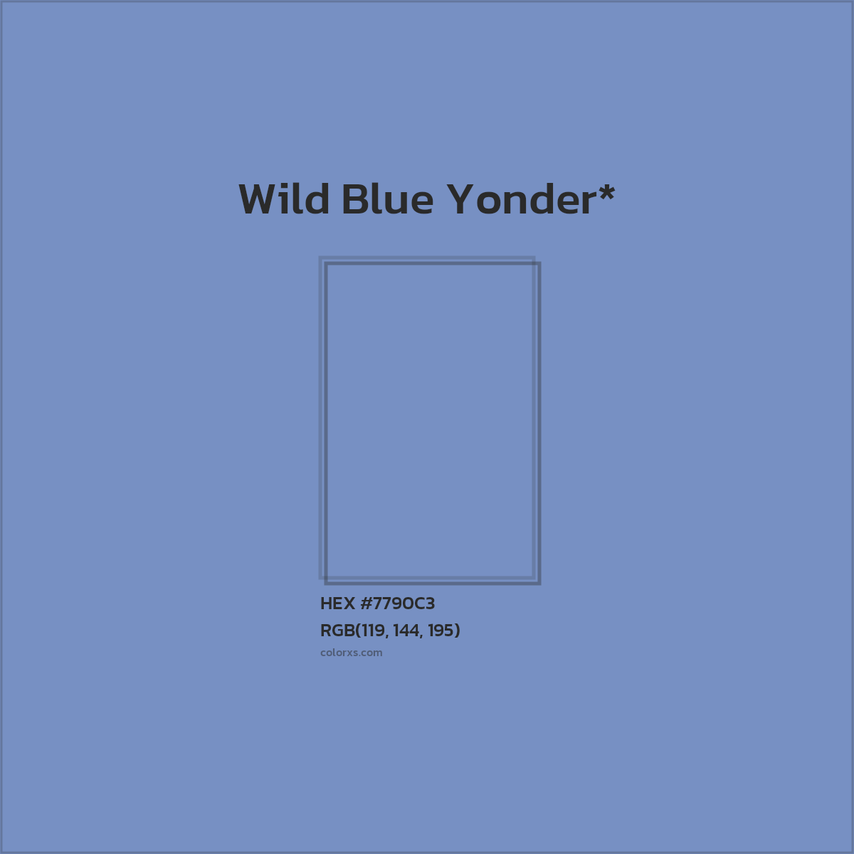#7790C3 hex color. RGB, RYB, CMYK, HSL, HSV codes and color conversions. Matching color names, palettes, paints.