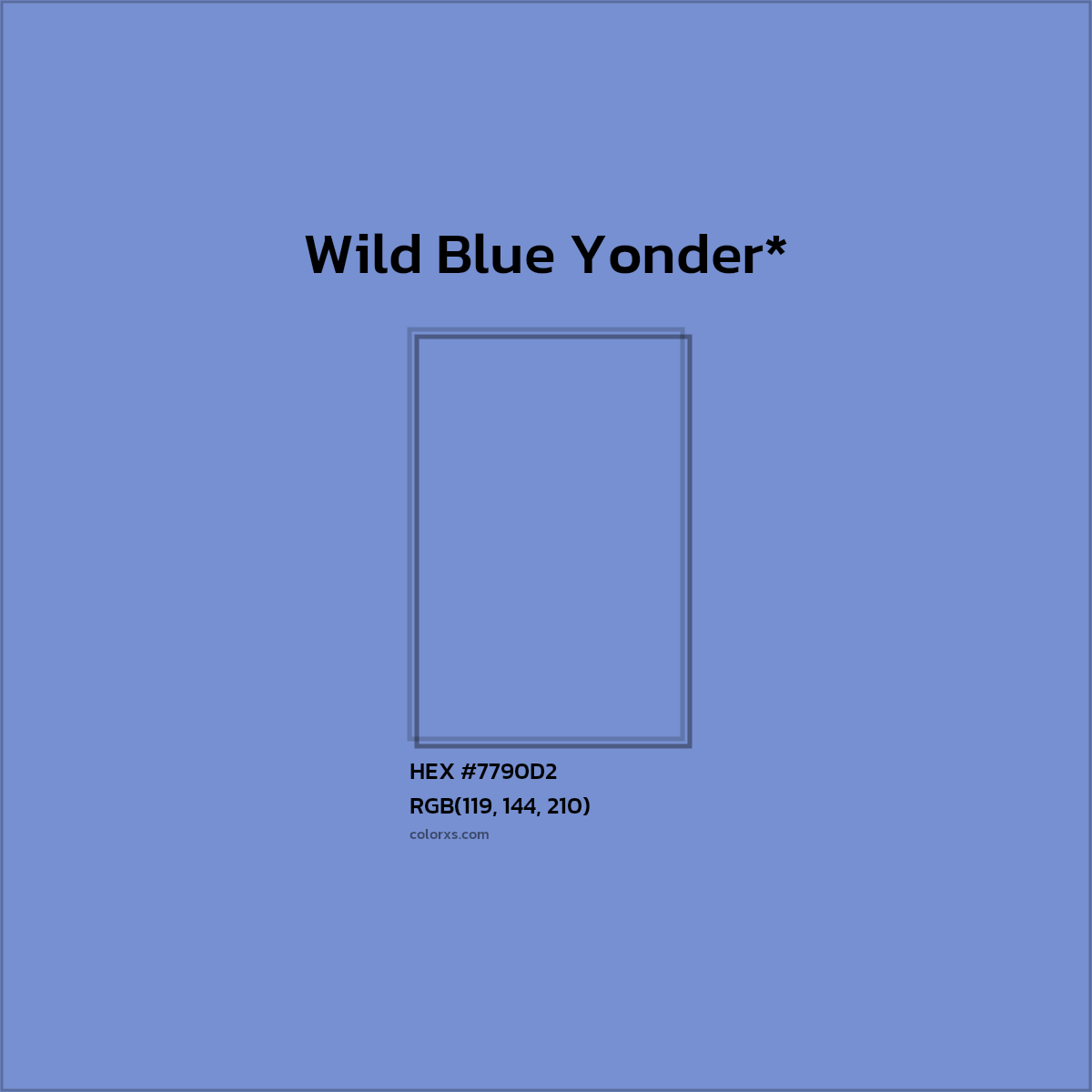 #7790D2 hex color. RGB, RYB, CMYK, HSL, HSV codes and color conversions. Matching color names, palettes, paints.