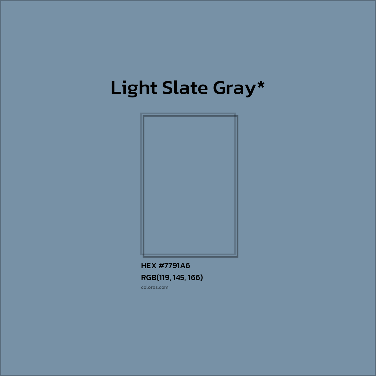 #7791A6 hex color. RGB, RYB, CMYK, HSL, HSV codes and color conversions. Matching color names, palettes, paints.