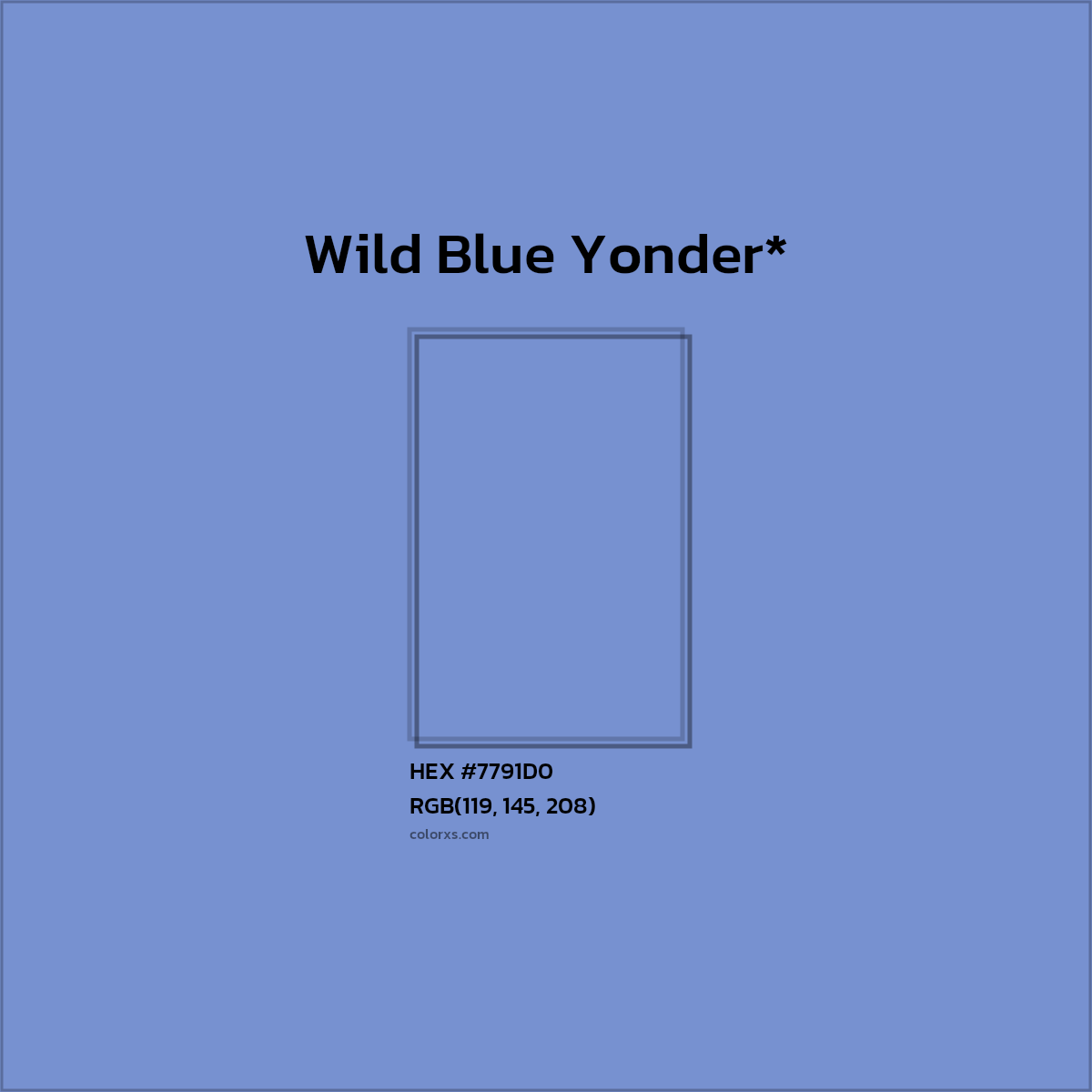 #7791D0 hex color. RGB, RYB, CMYK, HSL, HSV codes and color conversions. Matching color names, palettes, paints.