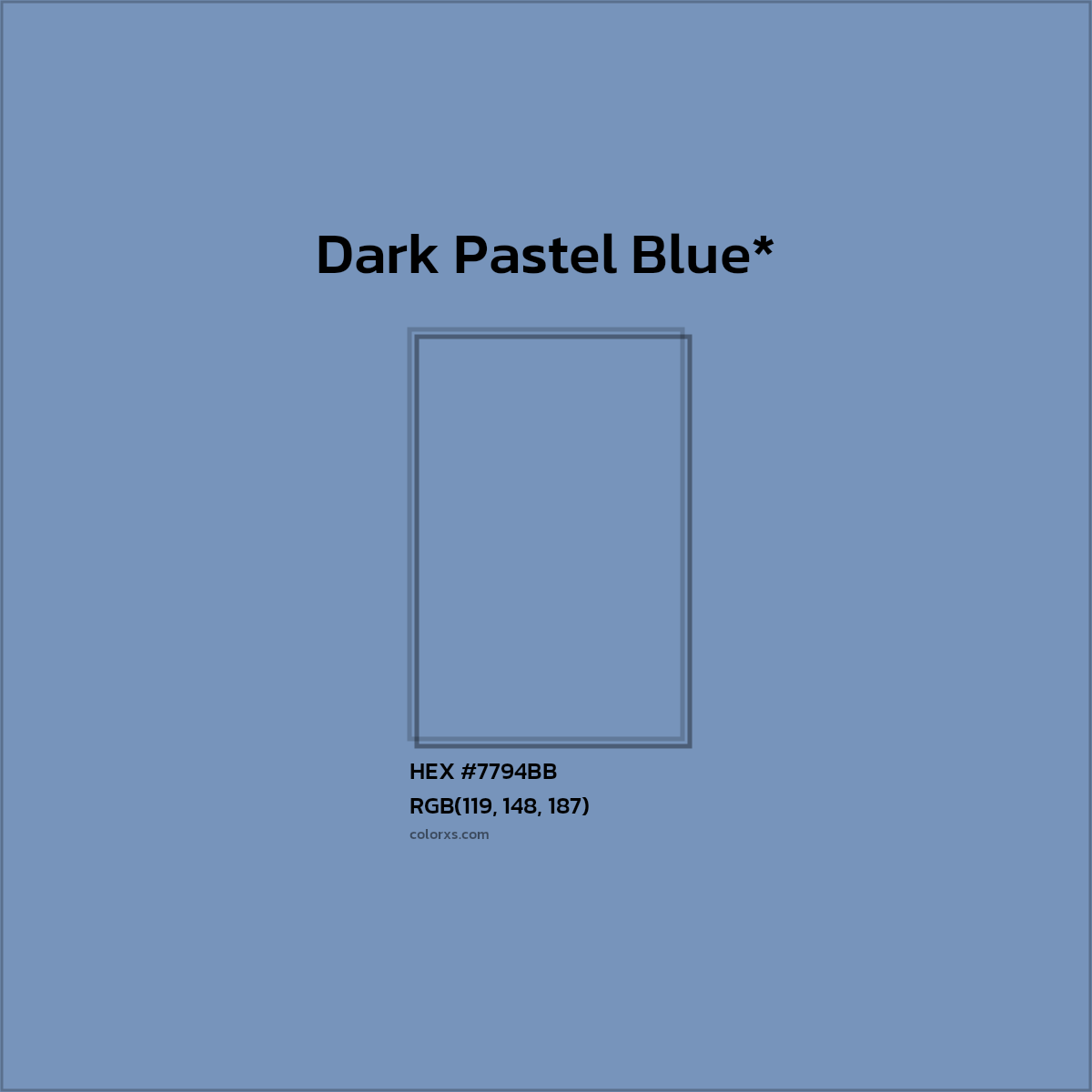 #7794BB hex color. RGB, RYB, CMYK, HSL, HSV codes and color conversions. Matching color names, palettes, paints.
