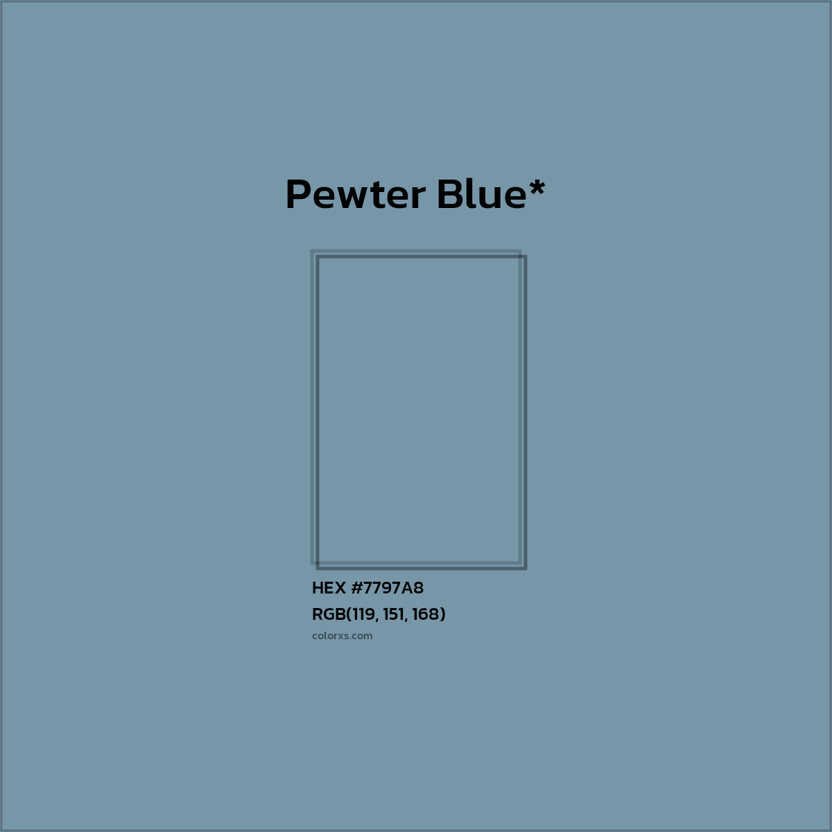 #7797A8 hex color. RGB, RYB, CMYK, HSL, HSV codes and color conversions. Matching color names, palettes, paints.