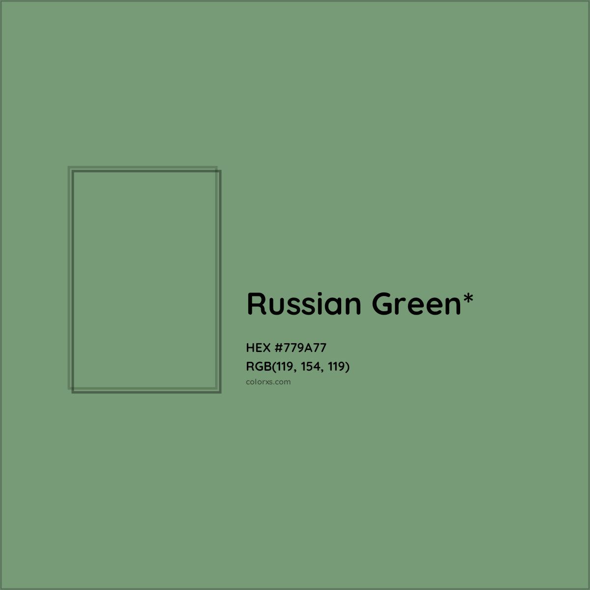 #779A77 hex color. RGB, RYB, CMYK, HSL, HSV codes and color conversions. Matching color names, palettes, paints.