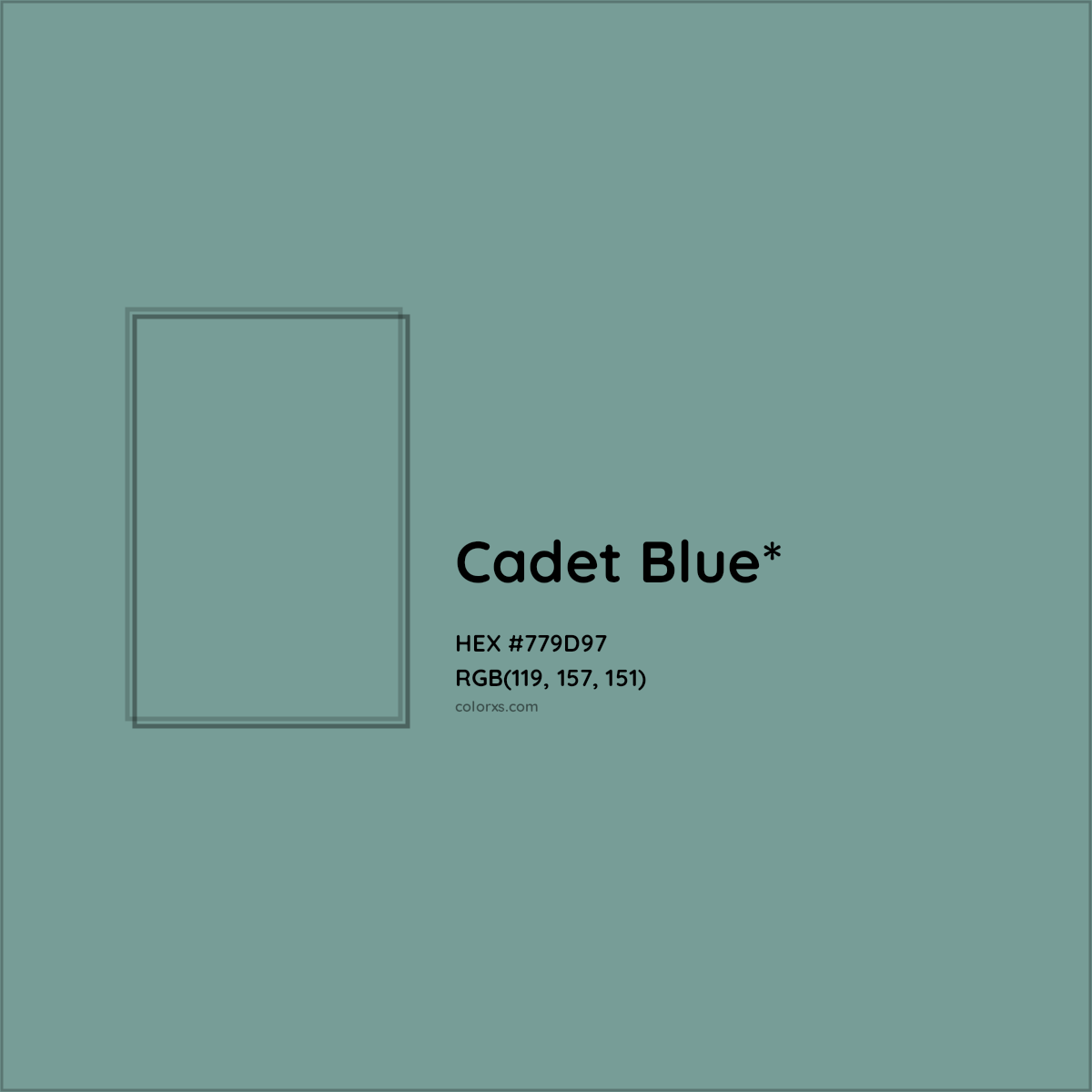 #779D97 hex color. RGB, RYB, CMYK, HSL, HSV codes and color conversions. Matching color names, palettes, paints.