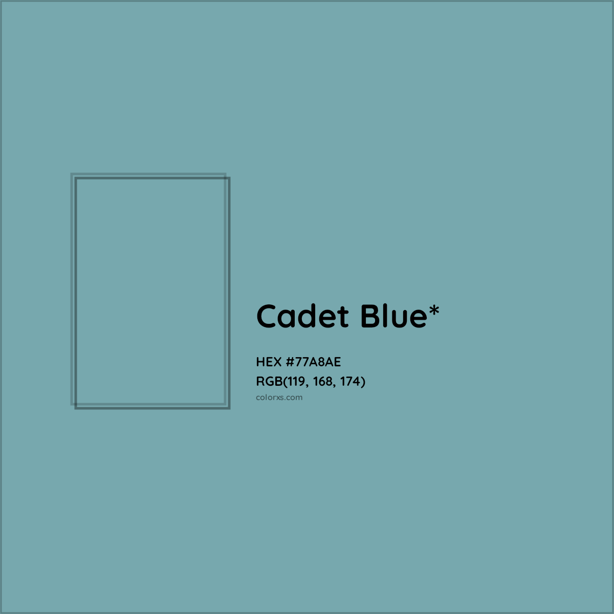 #77A8AE hex color. RGB, RYB, CMYK, HSL, HSV codes and color conversions. Matching color names, palettes, paints.