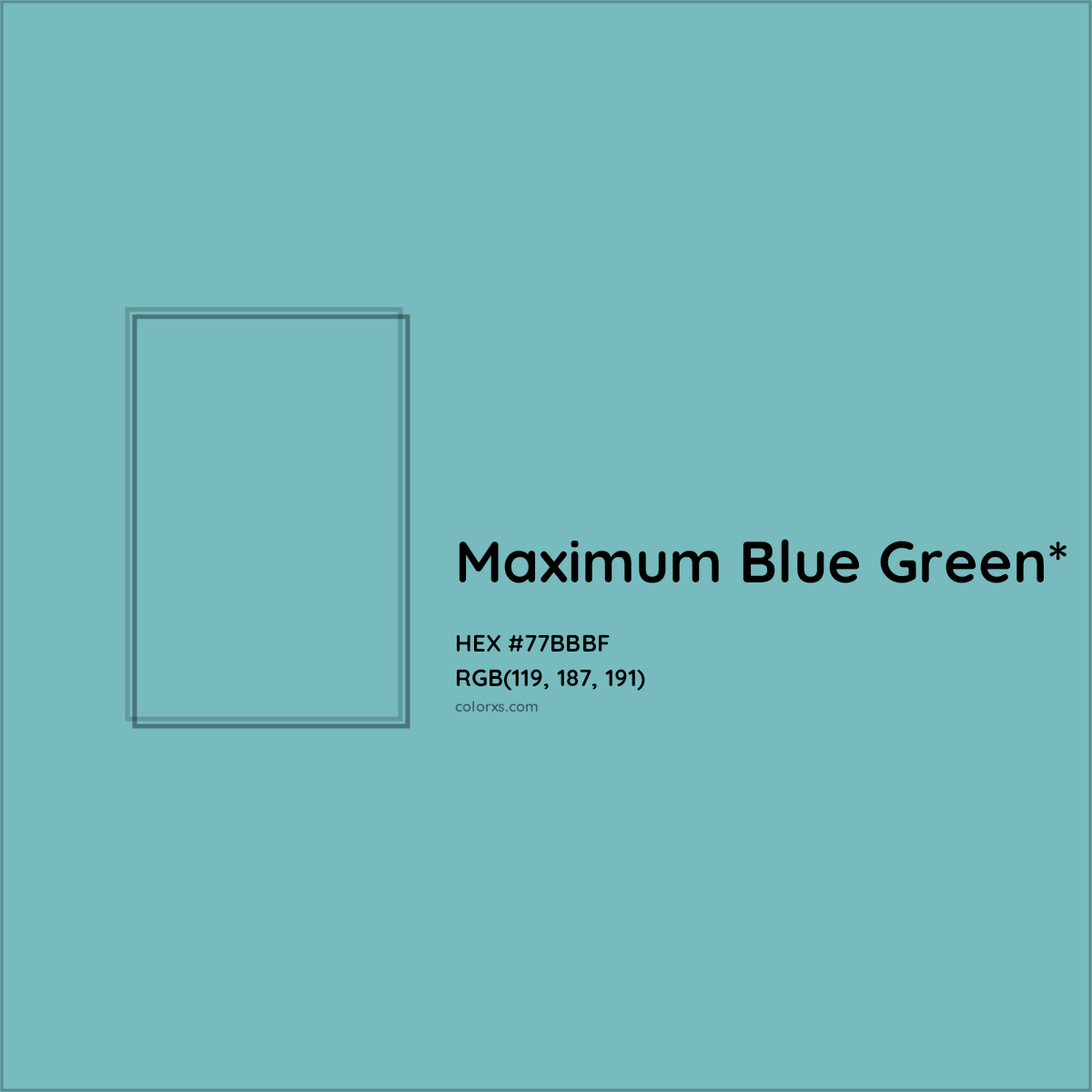 #77BBBF hex color. RGB, RYB, CMYK, HSL, HSV codes and color conversions. Matching color names, palettes, paints.