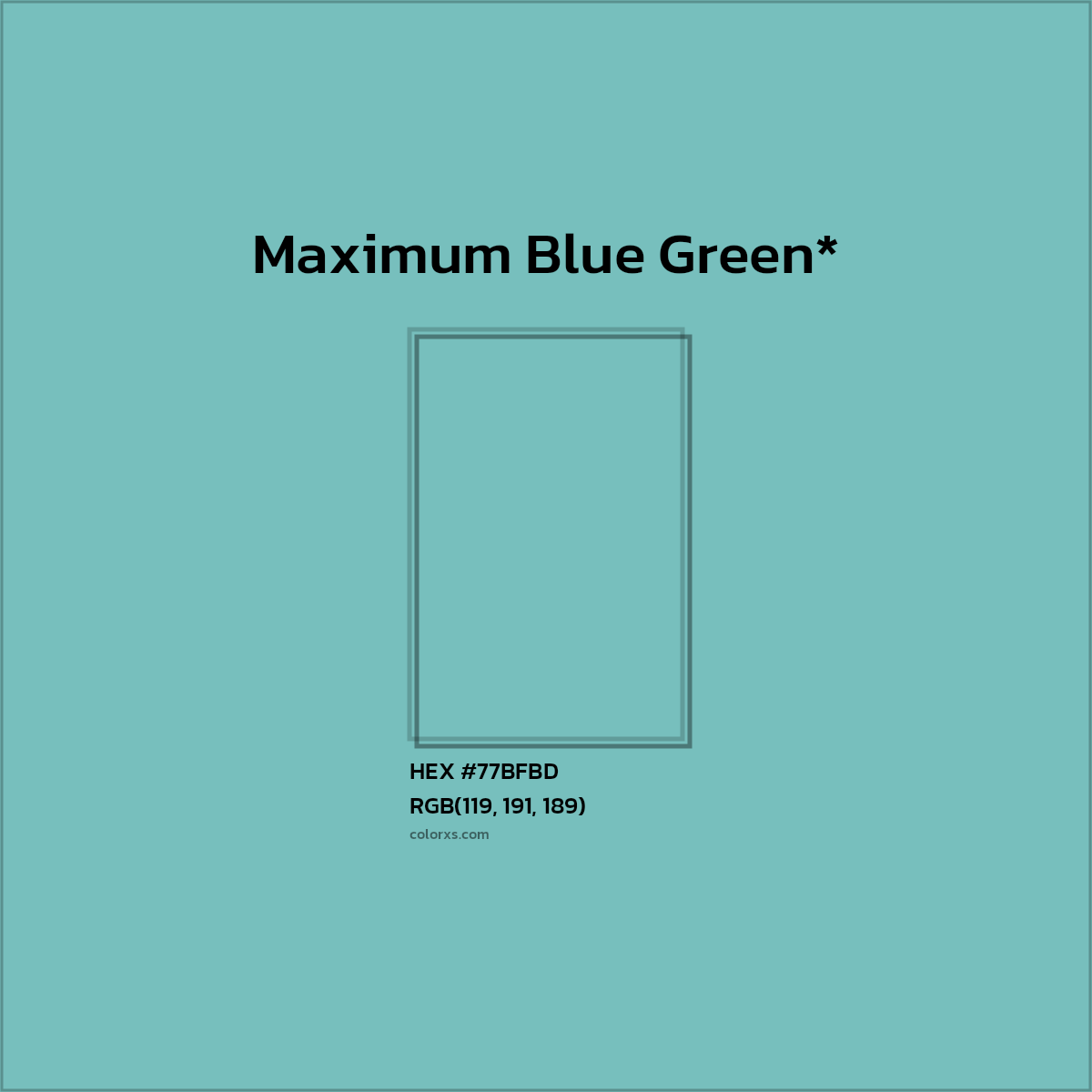 #77BFBD hex color. RGB, RYB, CMYK, HSL, HSV codes and color conversions. Matching color names, palettes, paints.