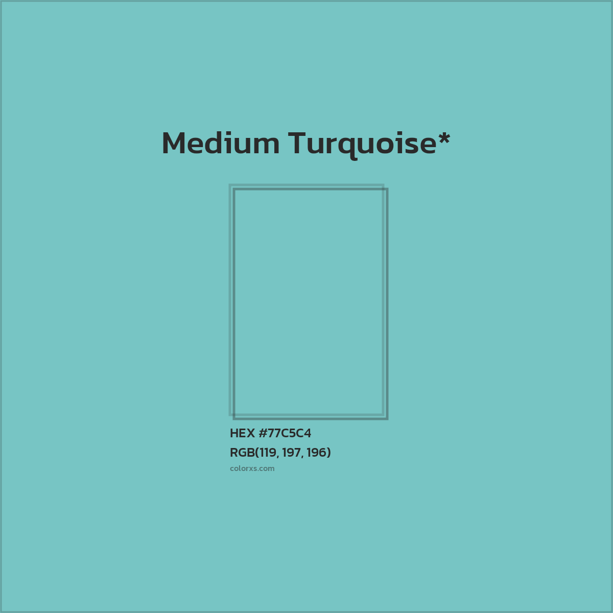 #77C5C4 hex color. RGB, RYB, CMYK, HSL, HSV codes and color conversions. Matching color names, palettes, paints.