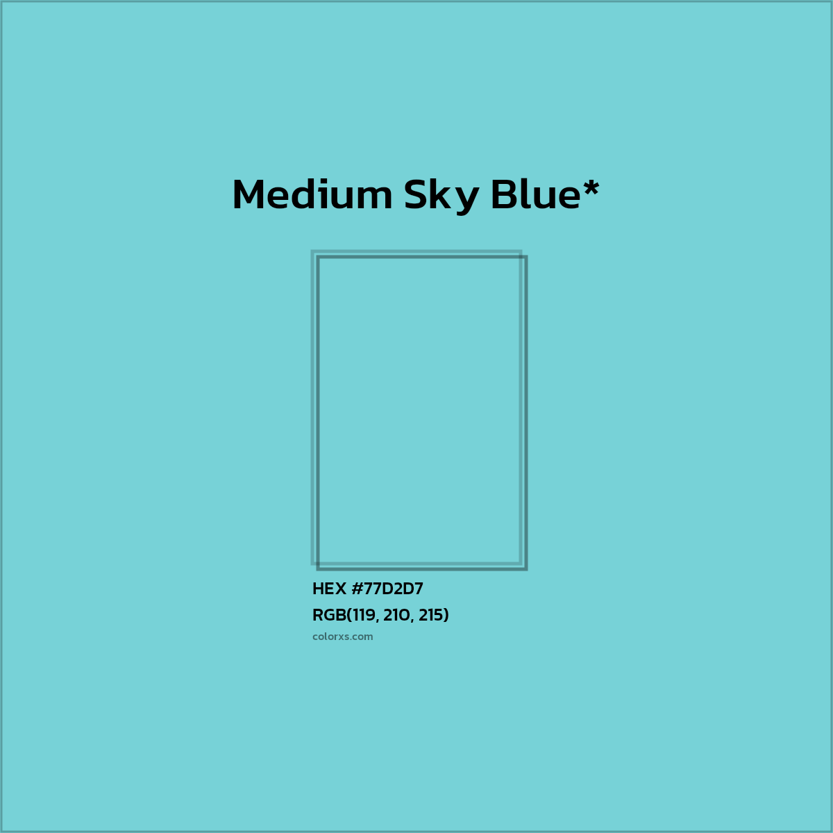 #77D2D7 hex color. RGB, RYB, CMYK, HSL, HSV codes and color conversions. Matching color names, palettes, paints.