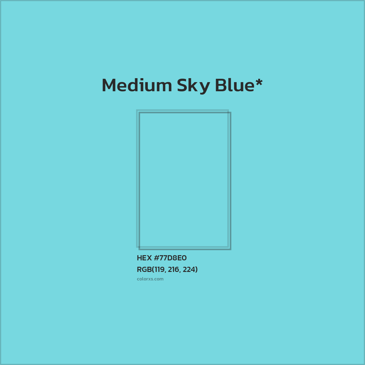 #77D8E0 hex color. RGB, RYB, CMYK, HSL, HSV codes and color conversions. Matching color names, palettes, paints.