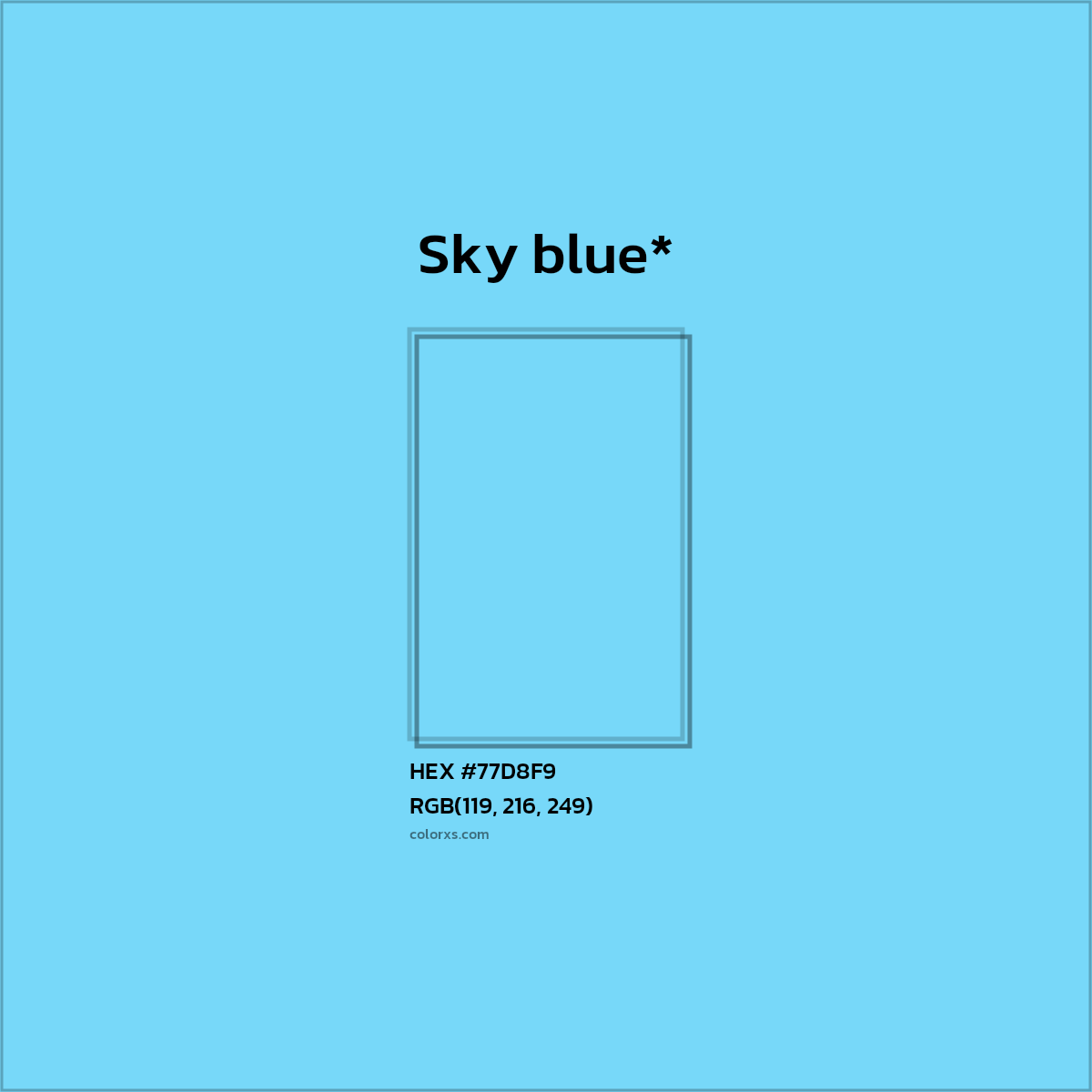 #77D8F9 hex color. RGB, RYB, CMYK, HSL, HSV codes and color conversions. Matching color names, palettes, paints.