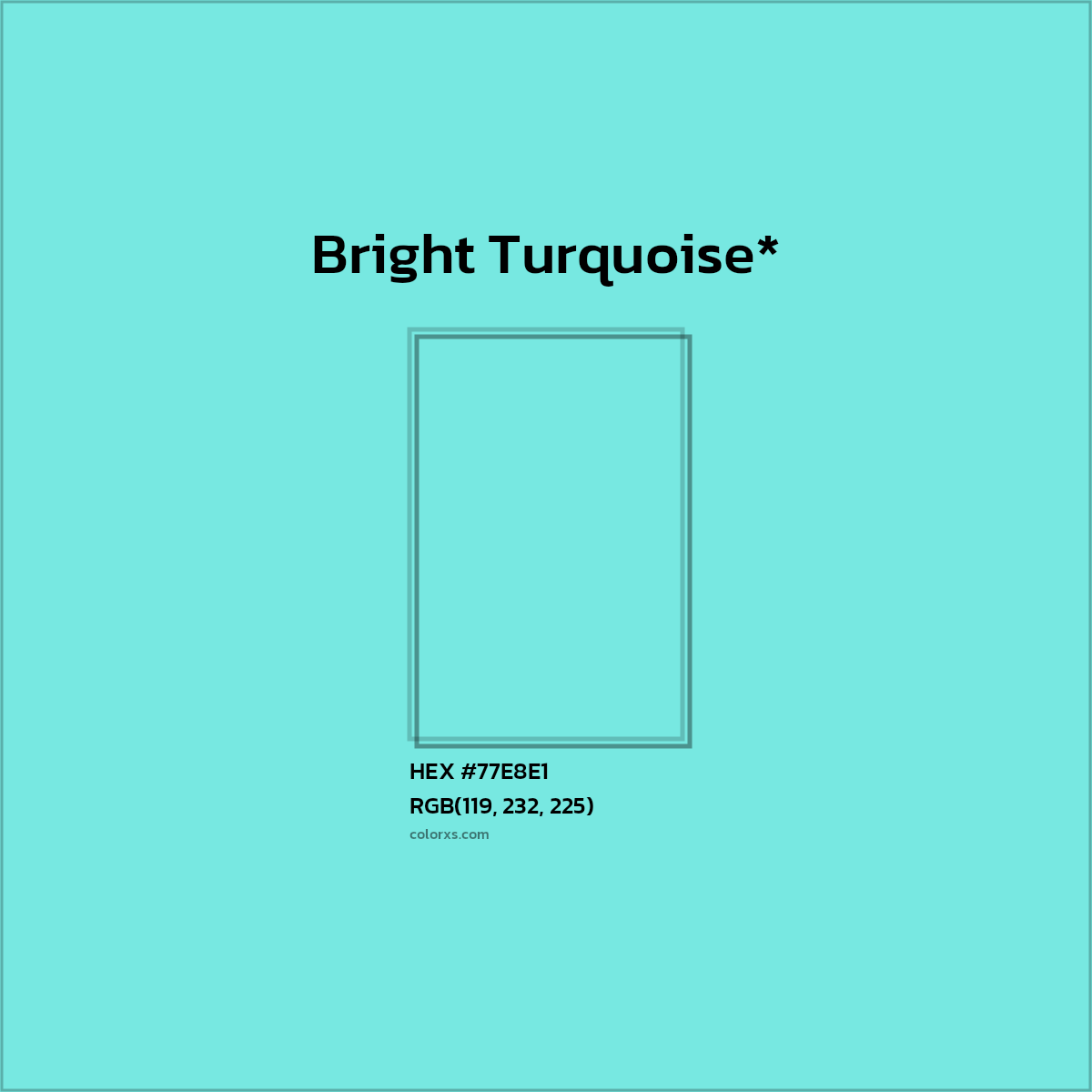 #77E8E1 hex color. RGB, RYB, CMYK, HSL, HSV codes and color conversions. Matching color names, palettes, paints.