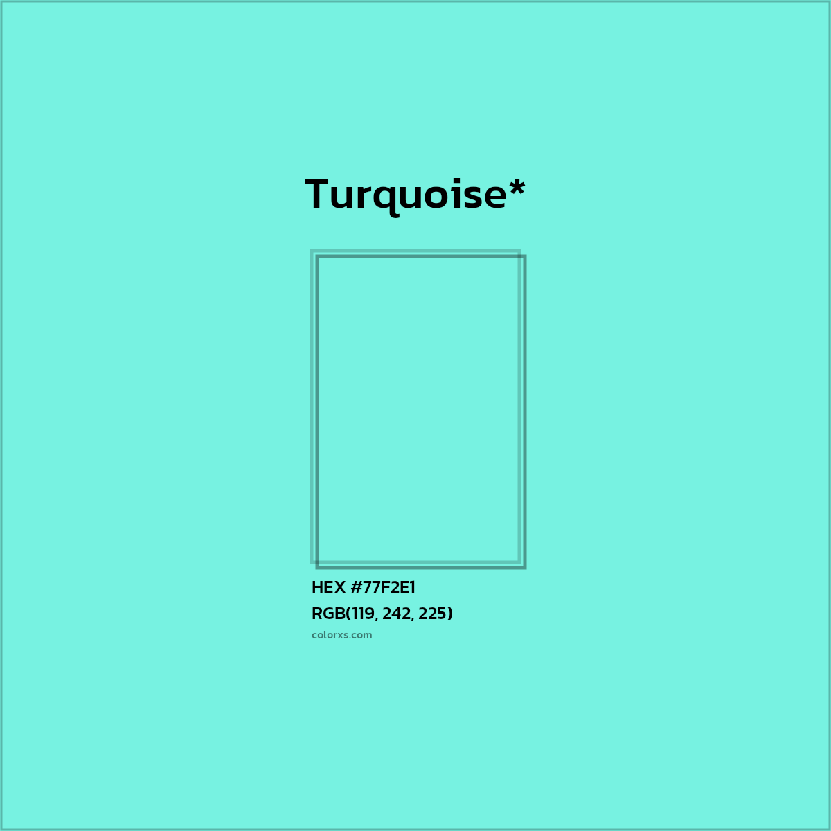 #77F2E1 hex color. RGB, RYB, CMYK, HSL, HSV codes and color conversions. Matching color names, palettes, paints.