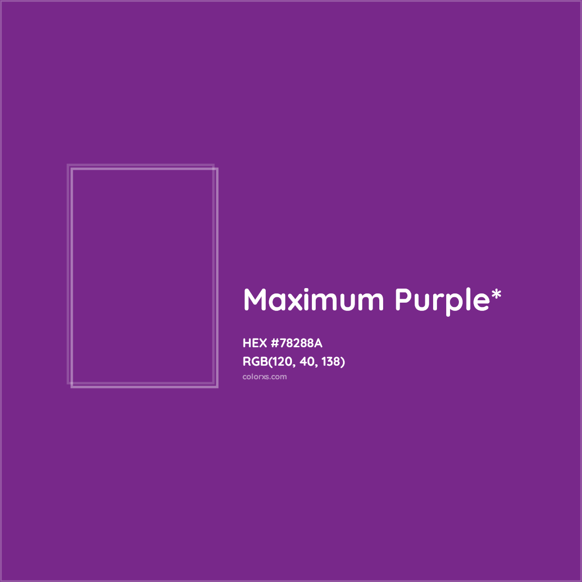 #78288A hex color. RGB, RYB, CMYK, HSL, HSV codes and color conversions. Matching color names, palettes, paints.