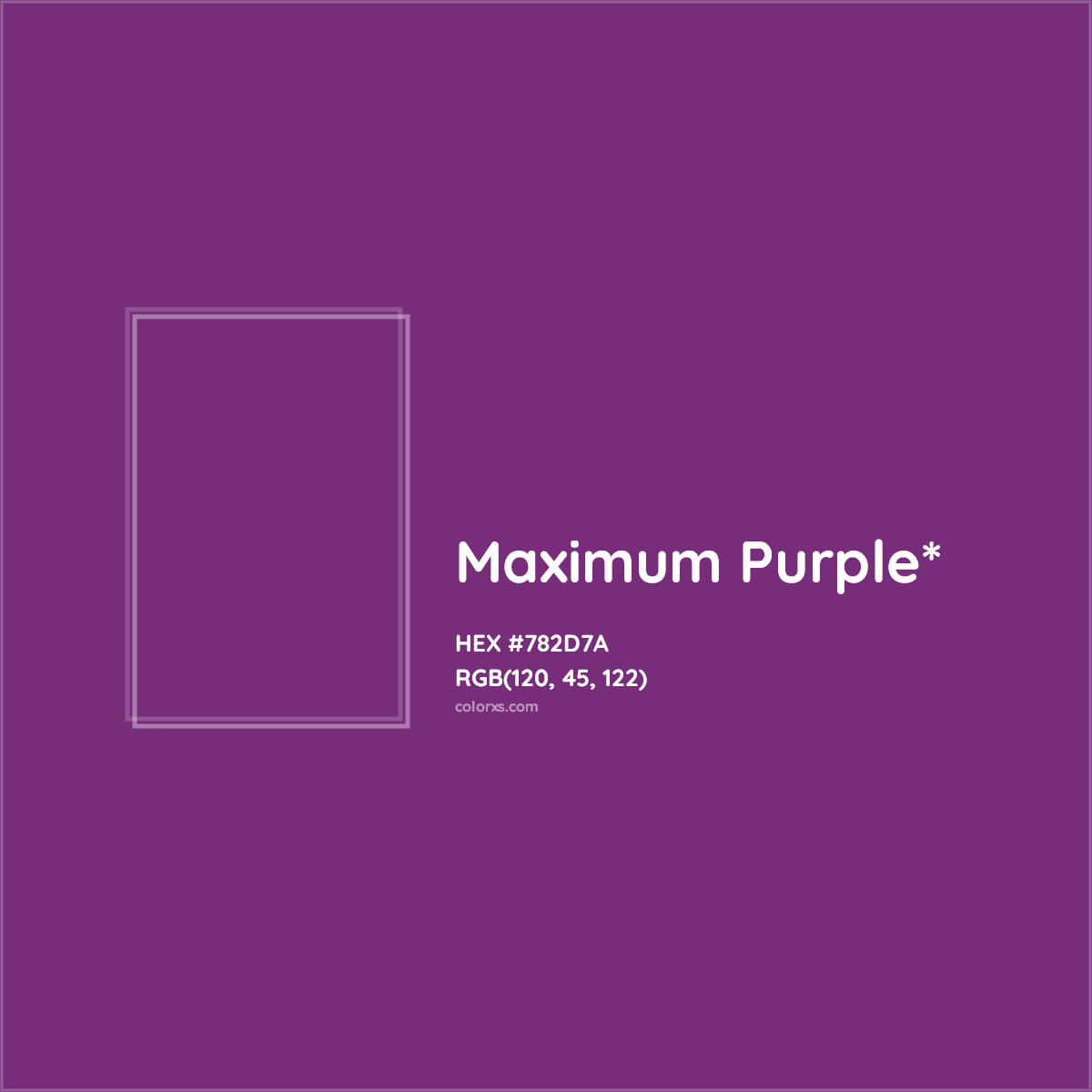 #782D7A hex color. RGB, RYB, CMYK, HSL, HSV codes and color conversions. Matching color names, palettes, paints.