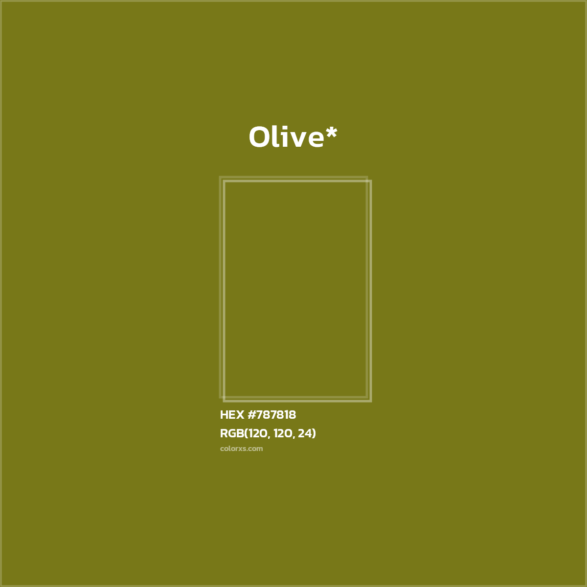 #787818 hex color. RGB, RYB, CMYK, HSL, HSV codes and color conversions. Matching color names, palettes, paints.
