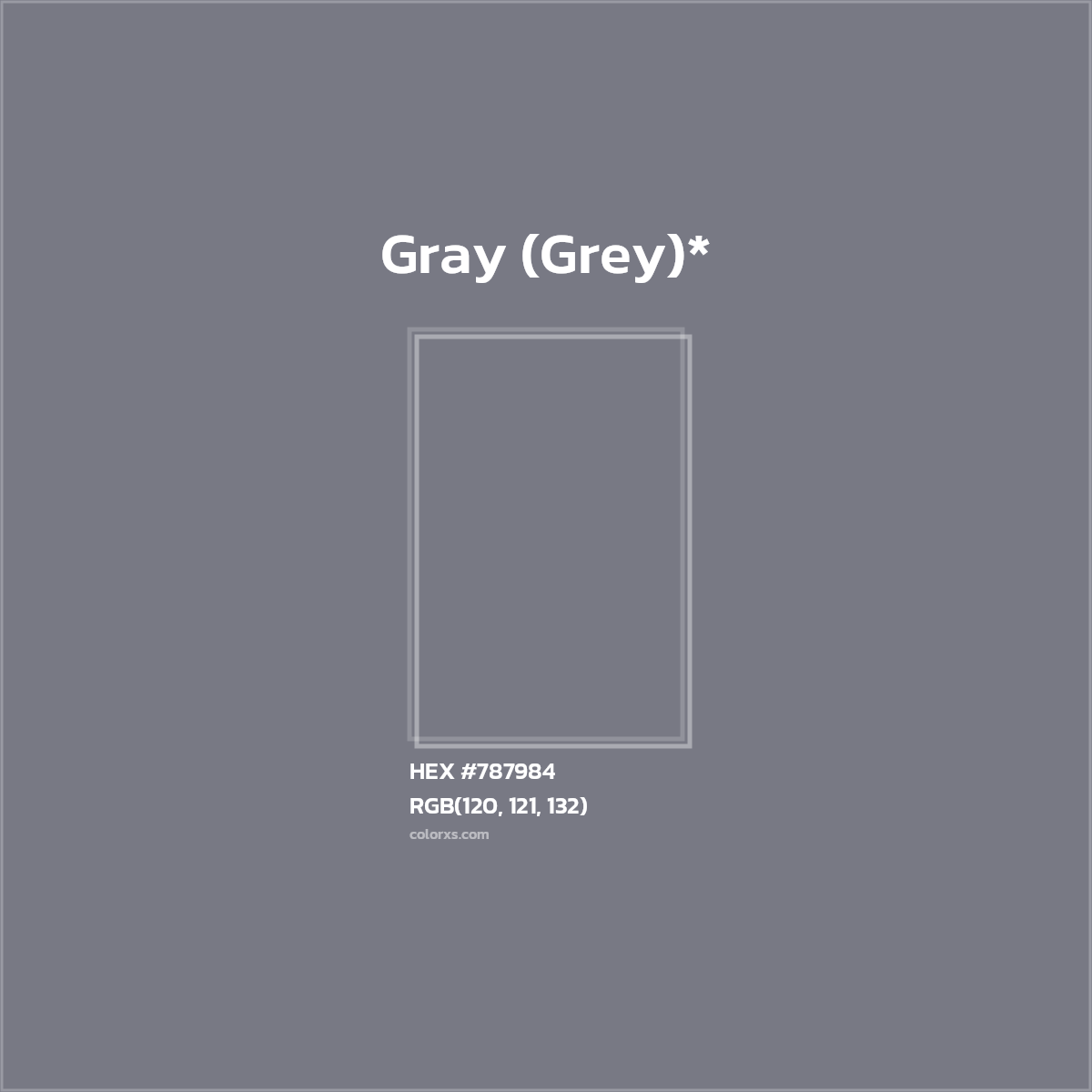 #787984 hex color. RGB, RYB, CMYK, HSL, HSV codes and color conversions. Matching color names, palettes, paints.