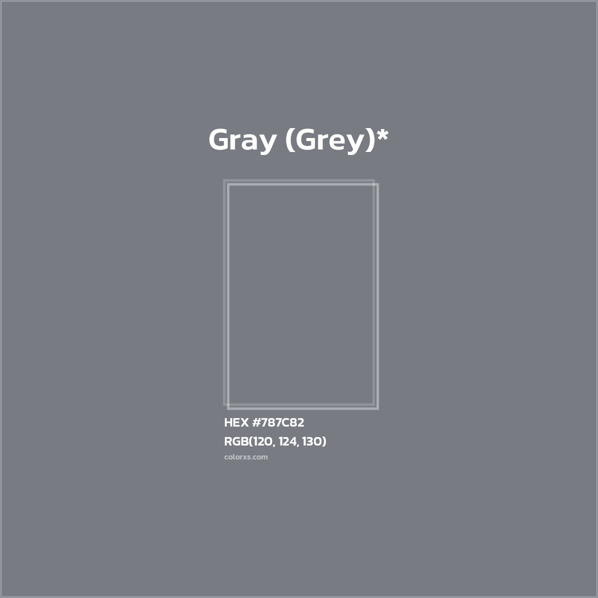 #787C82 hex color. RGB, RYB, CMYK, HSL, HSV codes and color conversions. Matching color names, palettes, paints.