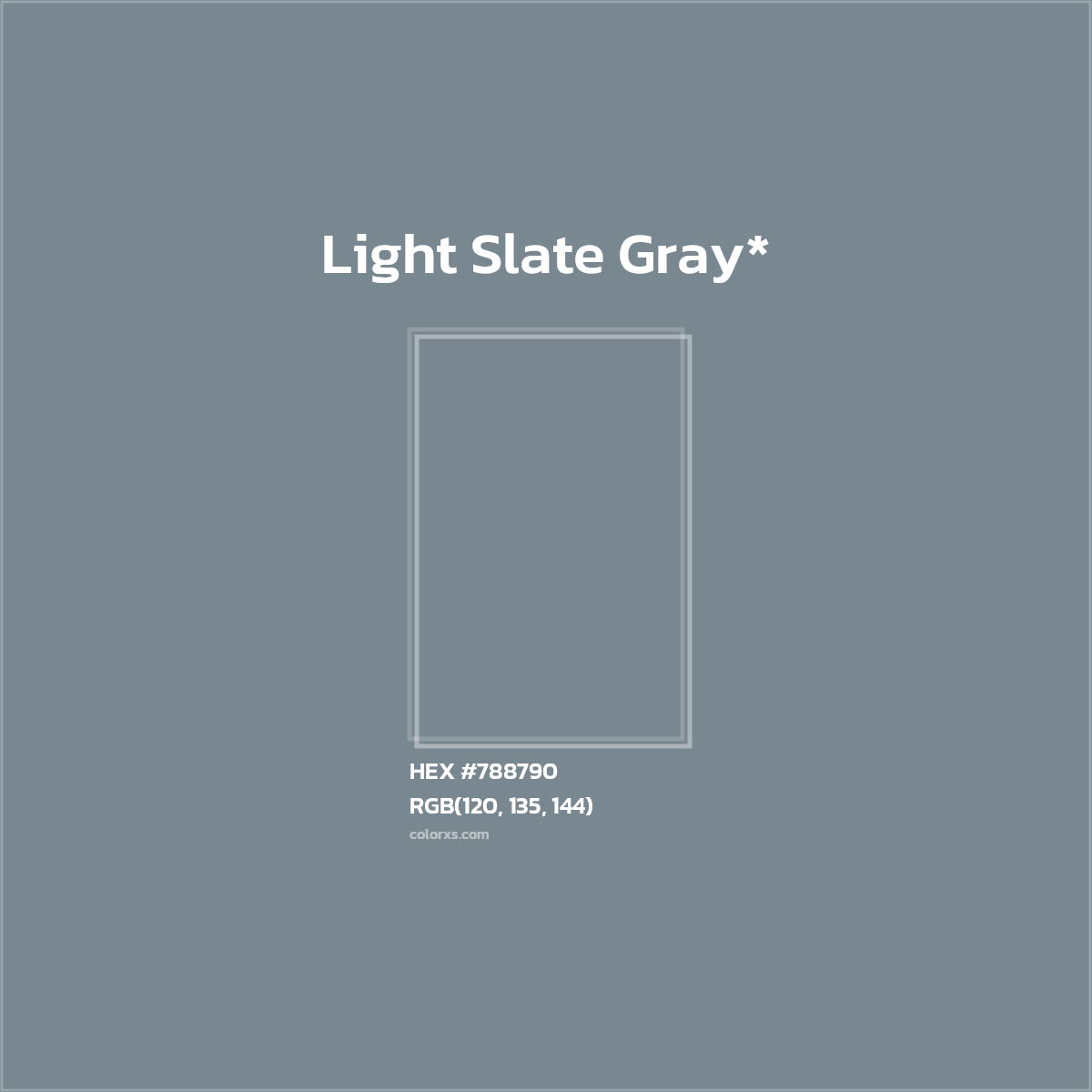 #788790 hex color. RGB, RYB, CMYK, HSL, HSV codes and color conversions. Matching color names, palettes, paints.
