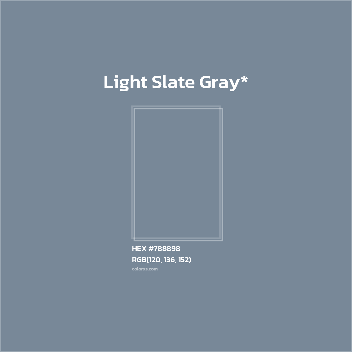 #788898 hex color. RGB, RYB, CMYK, HSL, HSV codes and color conversions. Matching color names, palettes, paints.