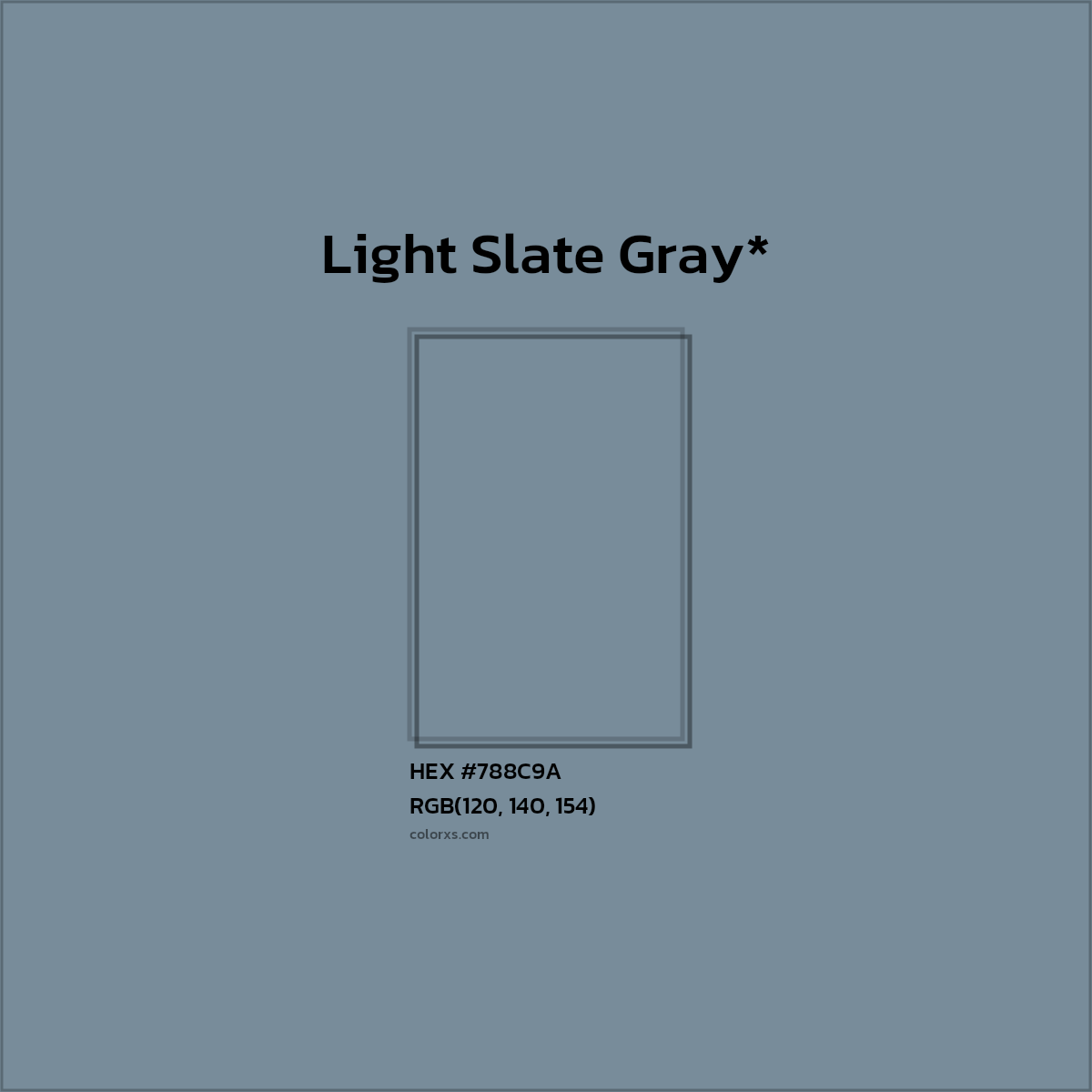 #788C9A hex color. RGB, RYB, CMYK, HSL, HSV codes and color conversions. Matching color names, palettes, paints.