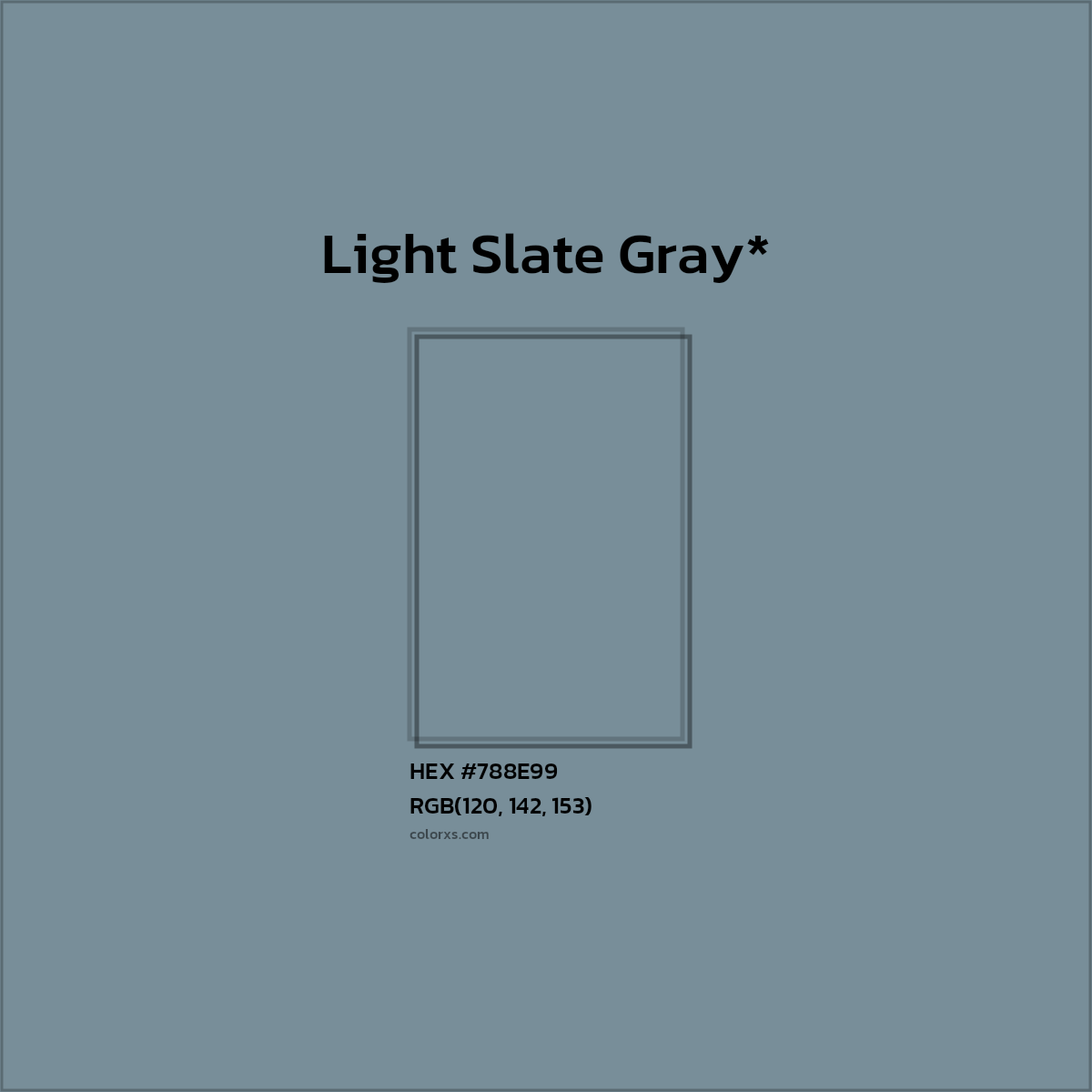 #788E99 hex color. RGB, RYB, CMYK, HSL, HSV codes and color conversions. Matching color names, palettes, paints.