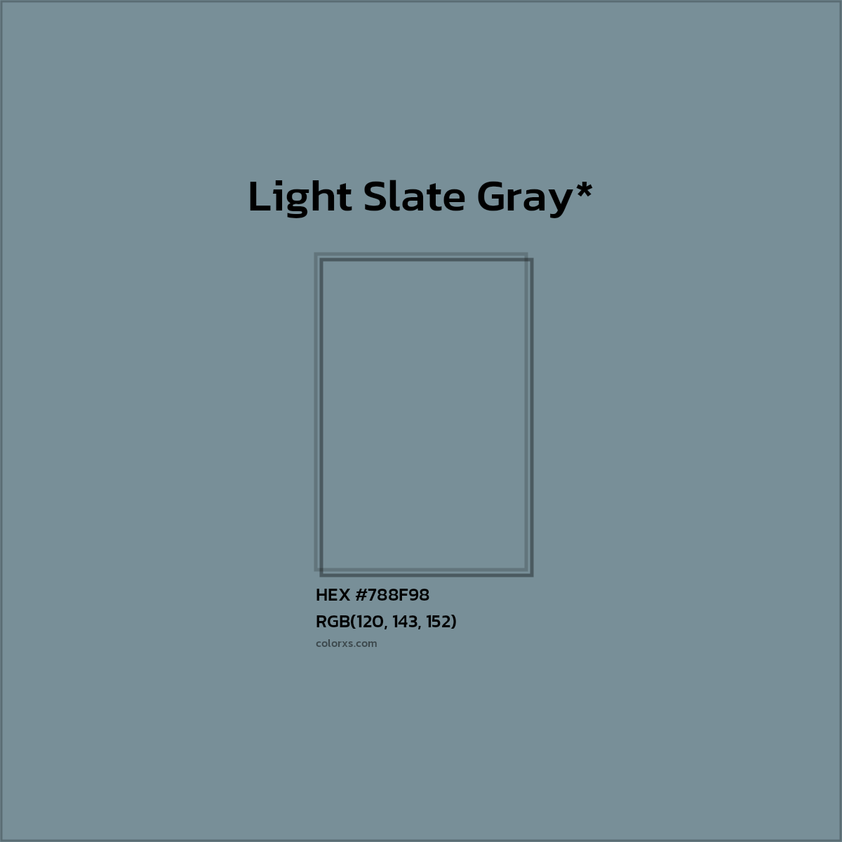 #788F98 hex color. RGB, RYB, CMYK, HSL, HSV codes and color conversions. Matching color names, palettes, paints.