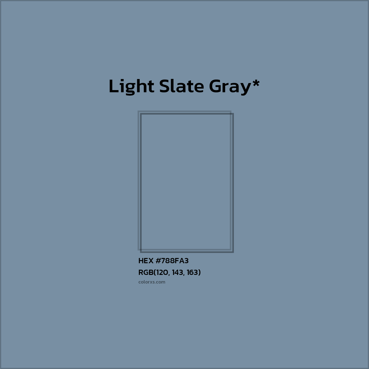 #788FA3 hex color. RGB, RYB, CMYK, HSL, HSV codes and color conversions. Matching color names, palettes, paints.