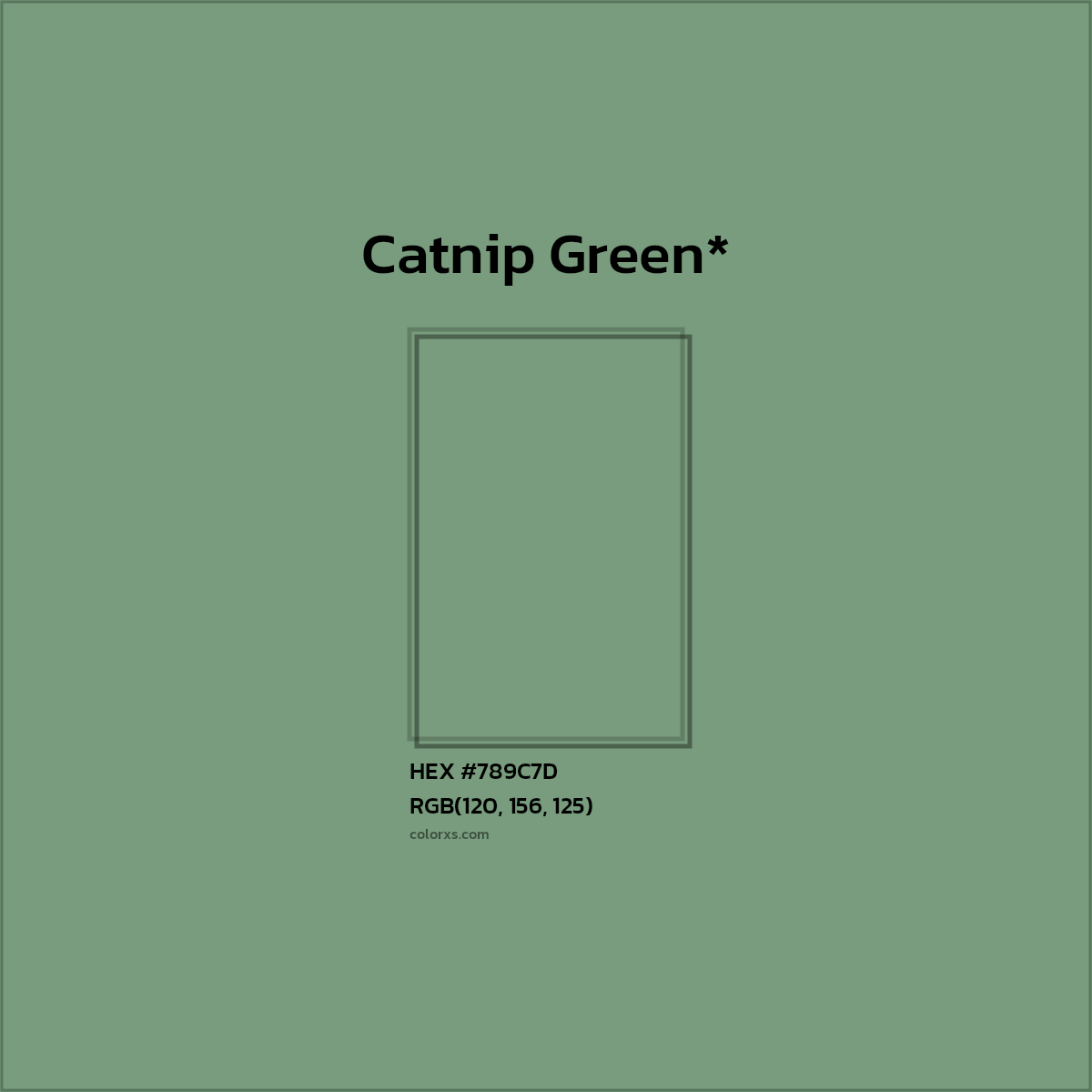 #789C7D hex color. RGB, RYB, CMYK, HSL, HSV codes and color conversions. Matching color names, palettes, paints.