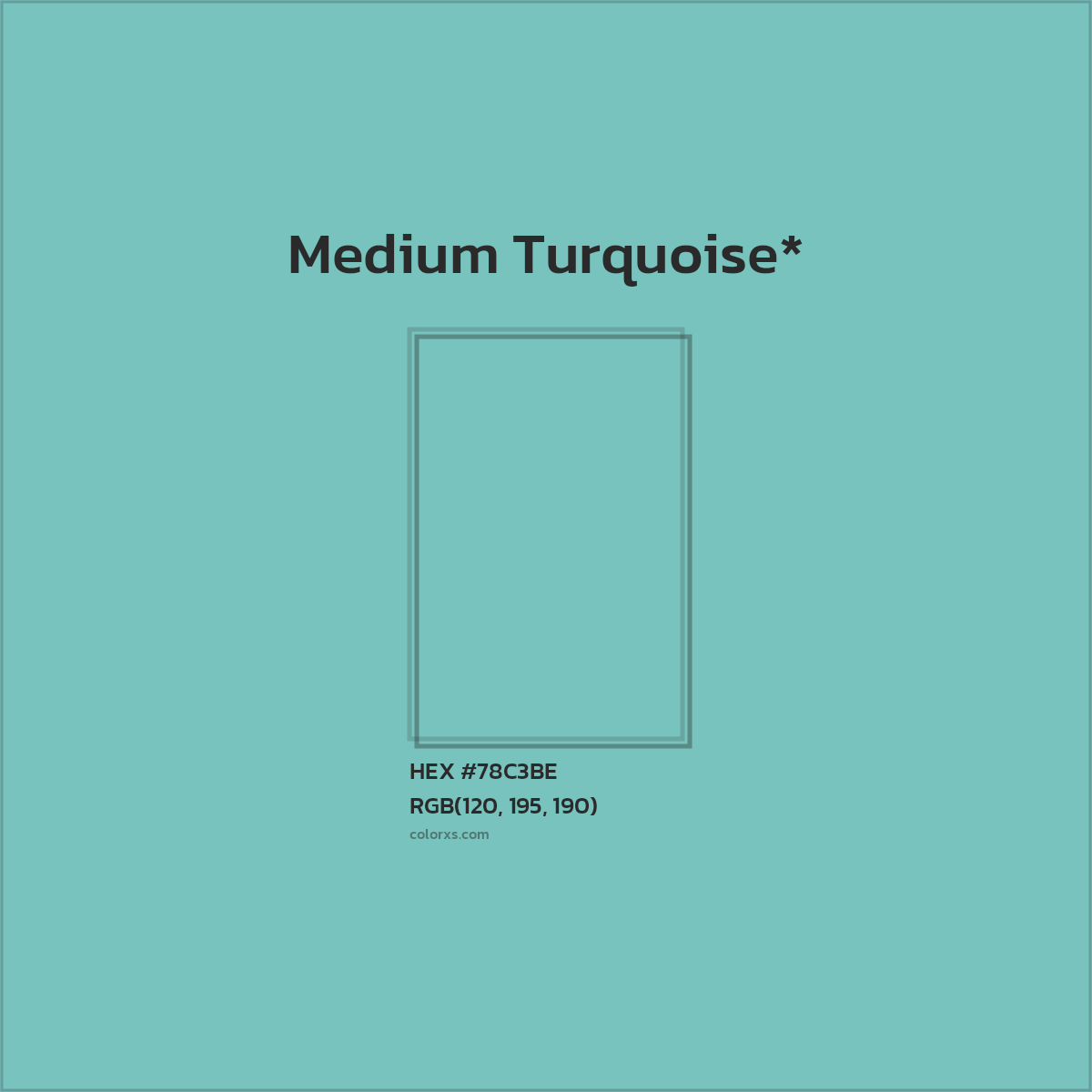 #78C3BE hex color. RGB, RYB, CMYK, HSL, HSV codes and color conversions. Matching color names, palettes, paints.