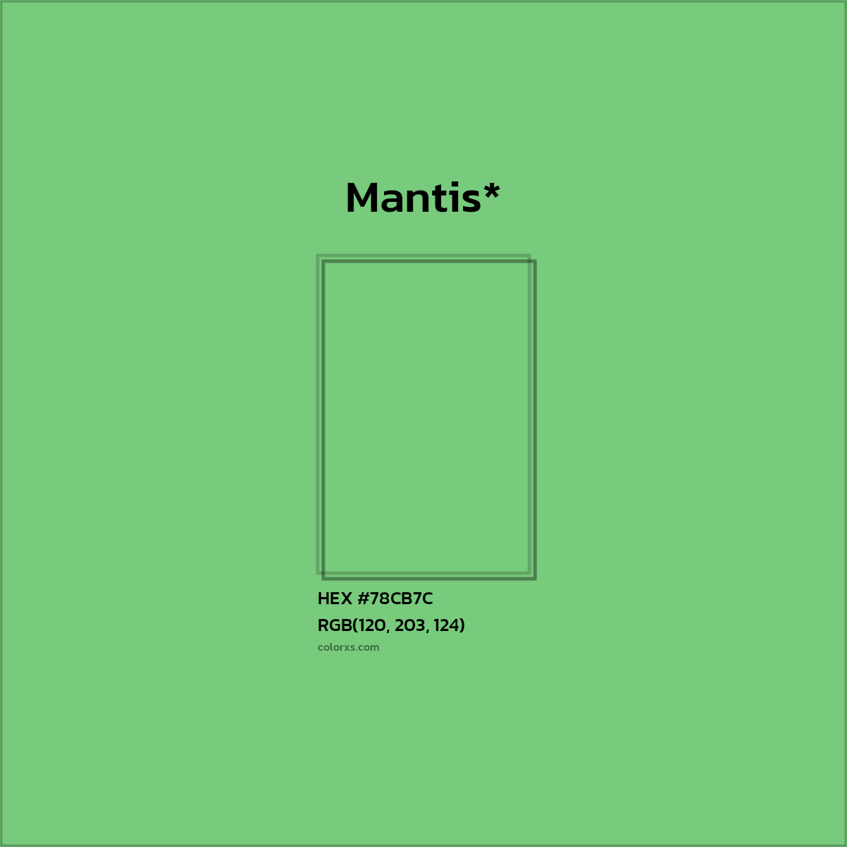 #78CB7C hex color. RGB, RYB, CMYK, HSL, HSV codes and color conversions. Matching color names, palettes, paints.