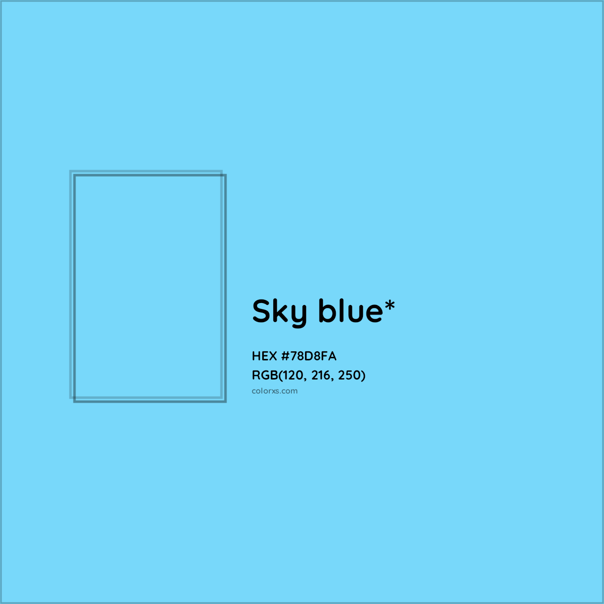 #78D8FA hex color. RGB, RYB, CMYK, HSL, HSV codes and color conversions. Matching color names, palettes, paints.
