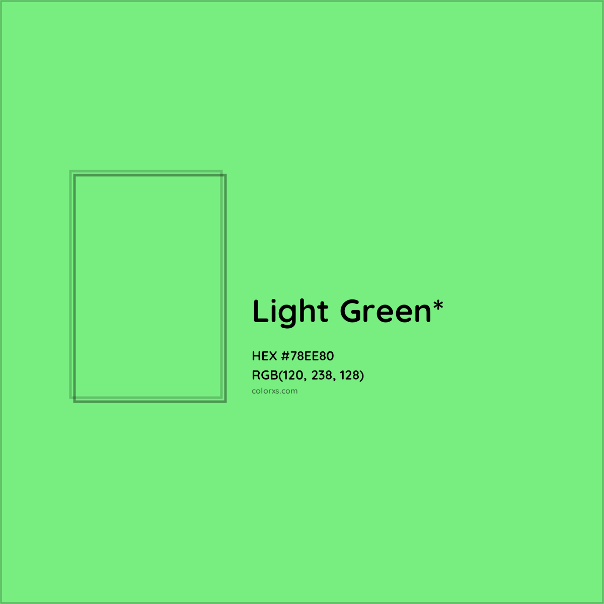 #78EE80 hex color. RGB, RYB, CMYK, HSL, HSV codes and color conversions. Matching color names, palettes, paints.