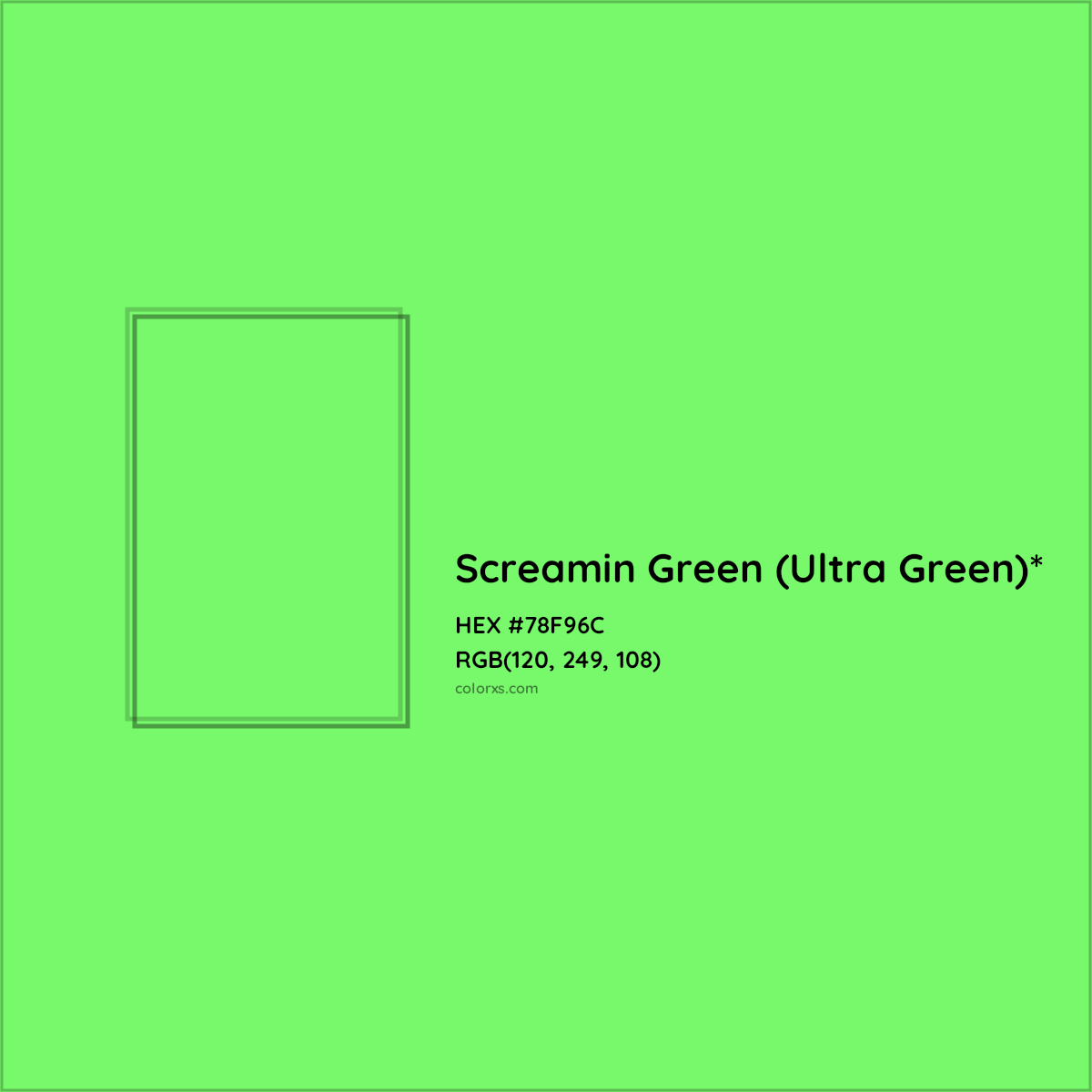 #78F96C hex color. RGB, RYB, CMYK, HSL, HSV codes and color conversions. Matching color names, palettes, paints.