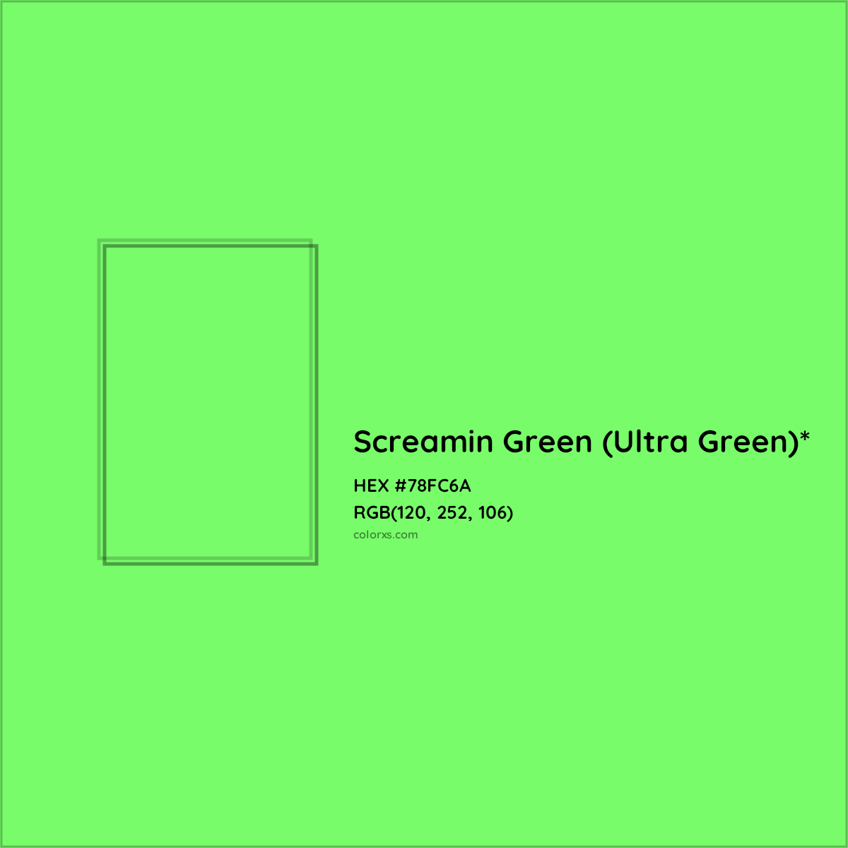 #78FC6A hex color. RGB, RYB, CMYK, HSL, HSV codes and color conversions. Matching color names, palettes, paints.