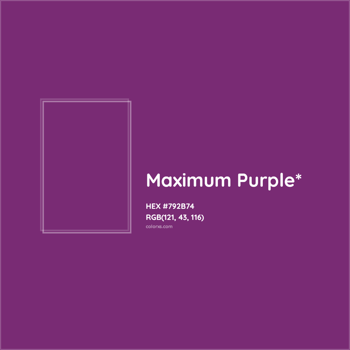 #792B74 hex color. RGB, RYB, CMYK, HSL, HSV codes and color conversions. Matching color names, palettes, paints.