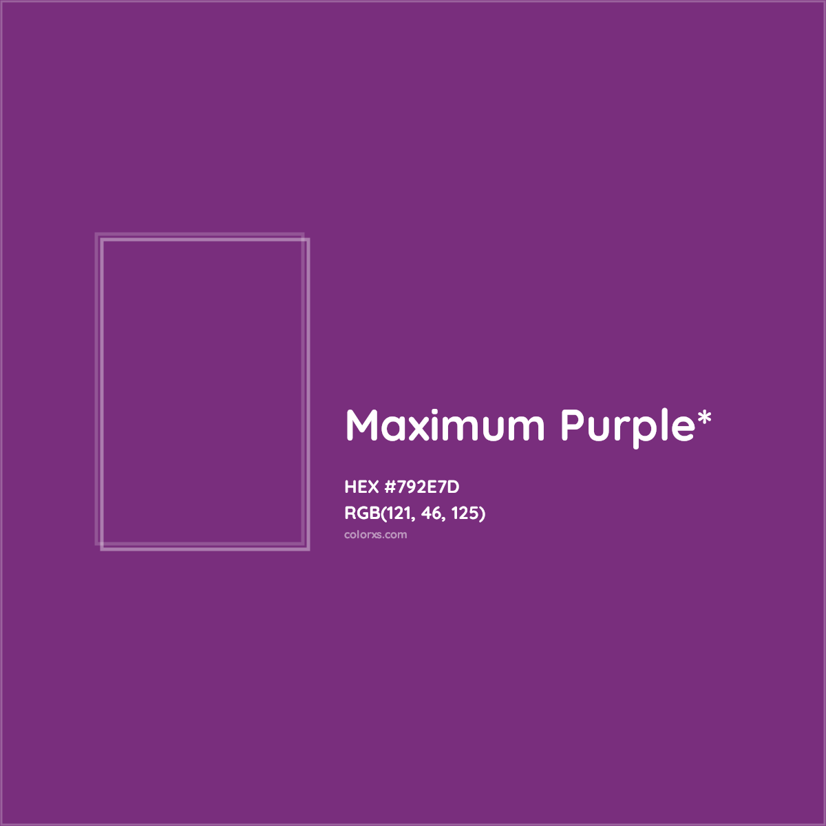 #792E7D hex color. RGB, RYB, CMYK, HSL, HSV codes and color conversions. Matching color names, palettes, paints.