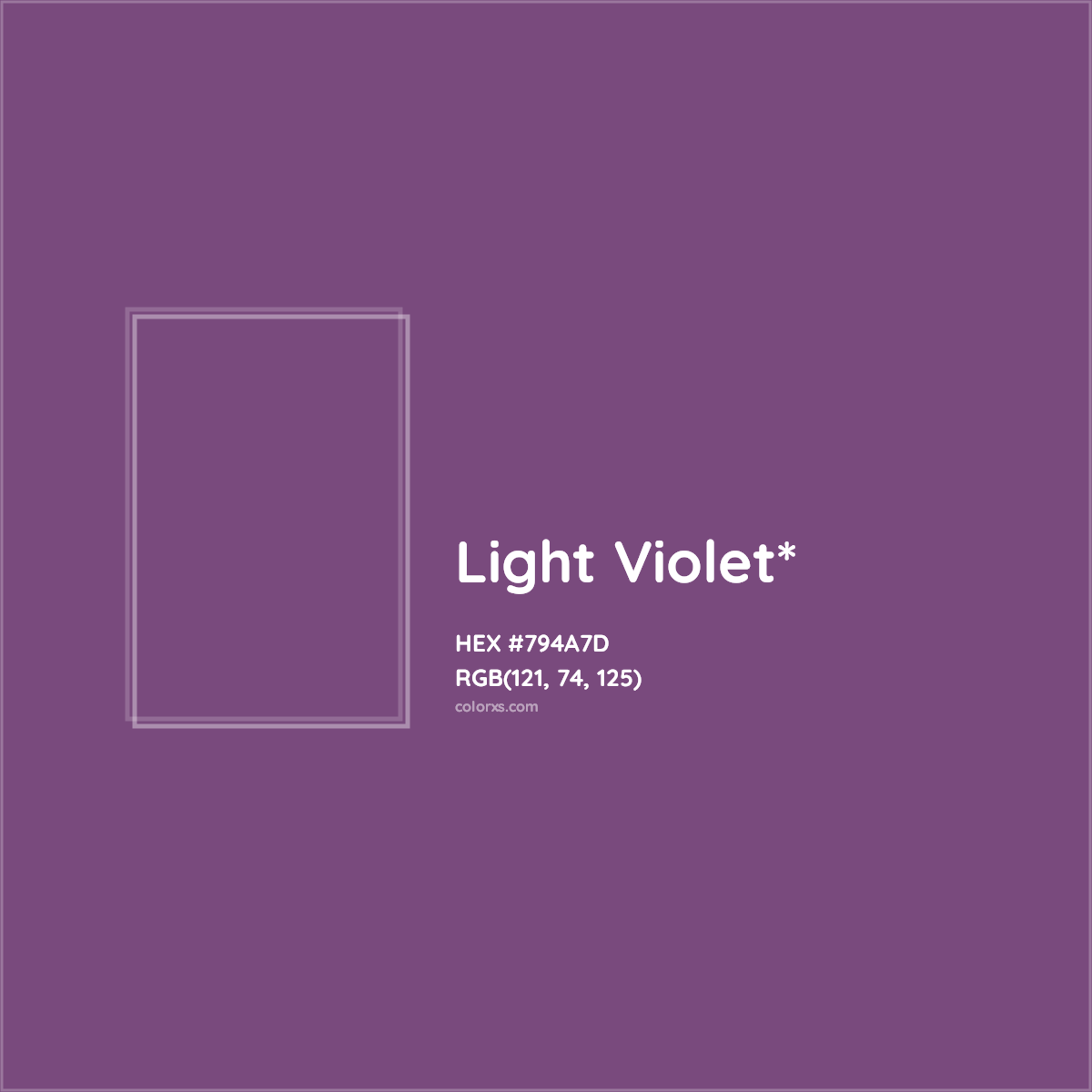 #794A7D hex color. RGB, RYB, CMYK, HSL, HSV codes and color conversions. Matching color names, palettes, paints.