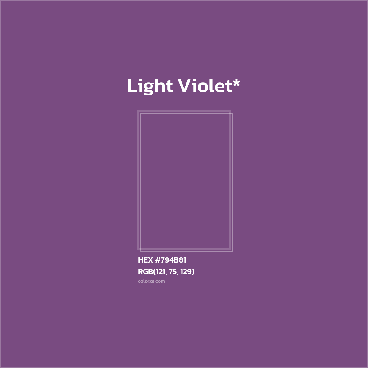 #794B81 hex color. RGB, RYB, CMYK, HSL, HSV codes and color conversions. Matching color names, palettes, paints.