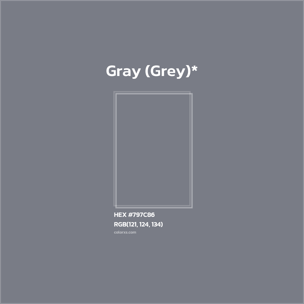 #797C86 hex color. RGB, RYB, CMYK, HSL, HSV codes and color conversions. Matching color names, palettes, paints.