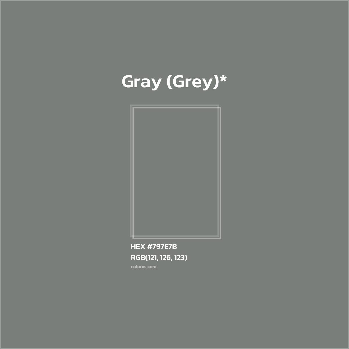 #797E7B hex color. RGB, RYB, CMYK, HSL, HSV codes and color conversions. Matching color names, palettes, paints.