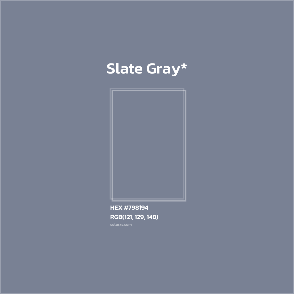 #798194 hex color. RGB, RYB, CMYK, HSL, HSV codes and color conversions. Matching color names, palettes, paints.