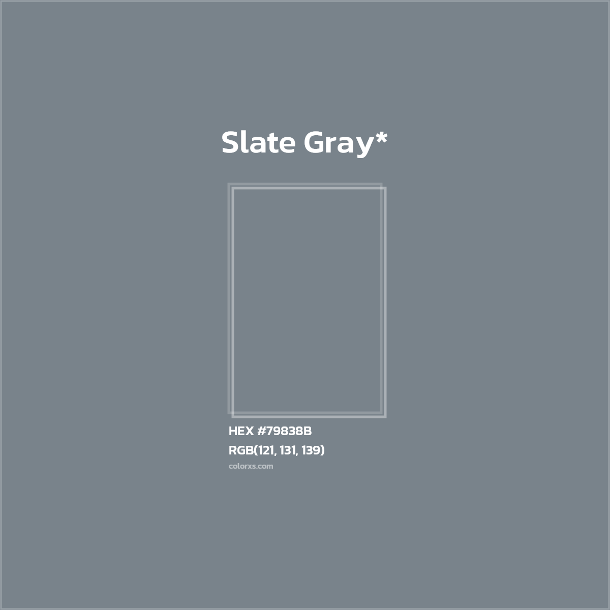 #79838B hex color. RGB, RYB, CMYK, HSL, HSV codes and color conversions. Matching color names, palettes, paints.