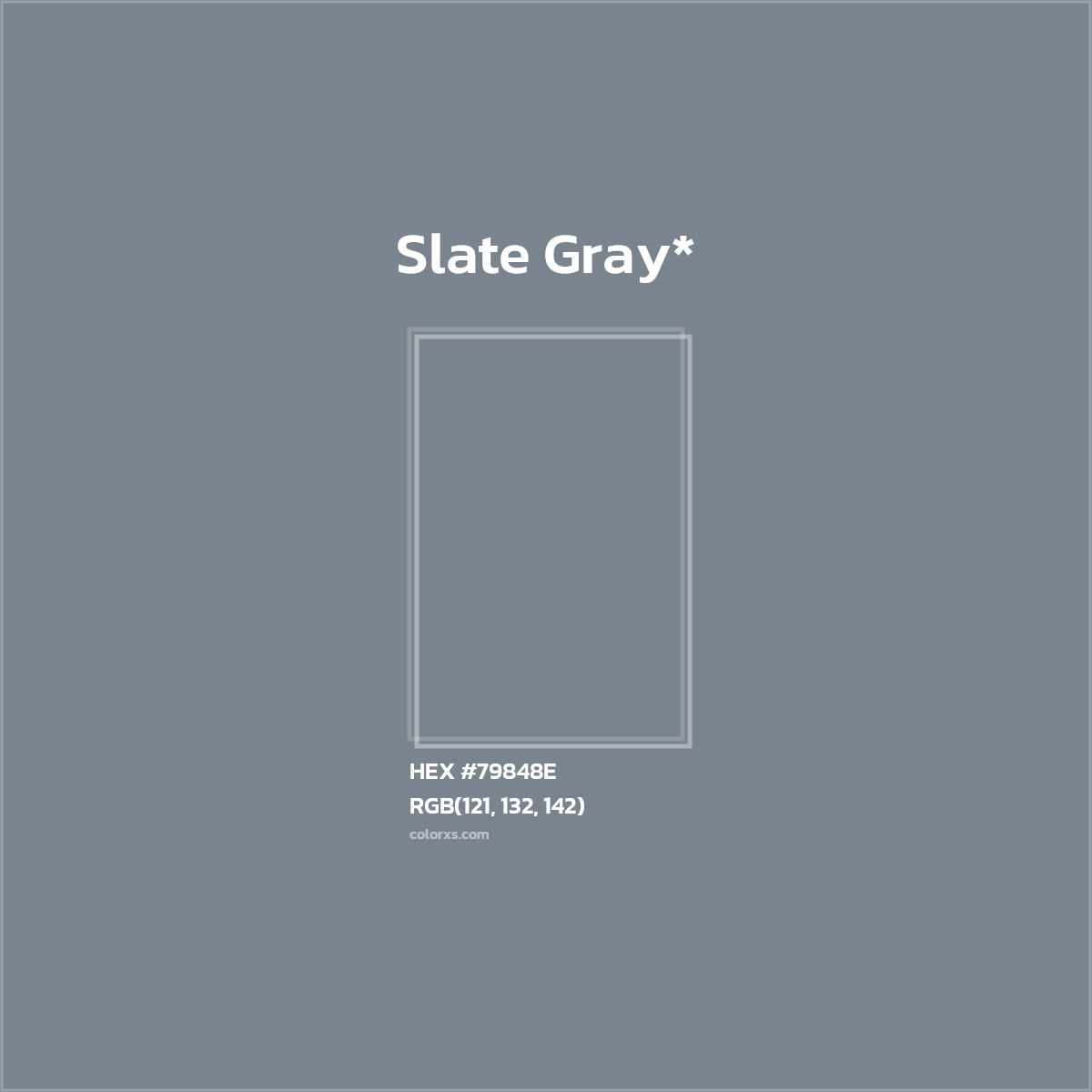 #79848E hex color. RGB, RYB, CMYK, HSL, HSV codes and color conversions. Matching color names, palettes, paints.