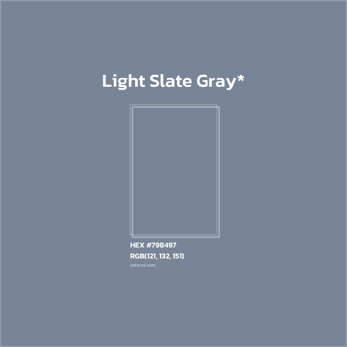 #798497 hex color. RGB, RYB, CMYK, HSL, HSV codes and color conversions. Matching color names, palettes, paints.