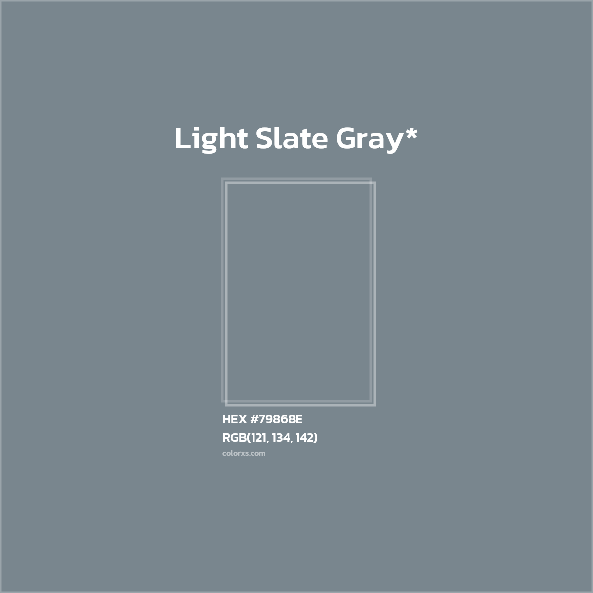 #79868E hex color. RGB, RYB, CMYK, HSL, HSV codes and color conversions. Matching color names, palettes, paints.