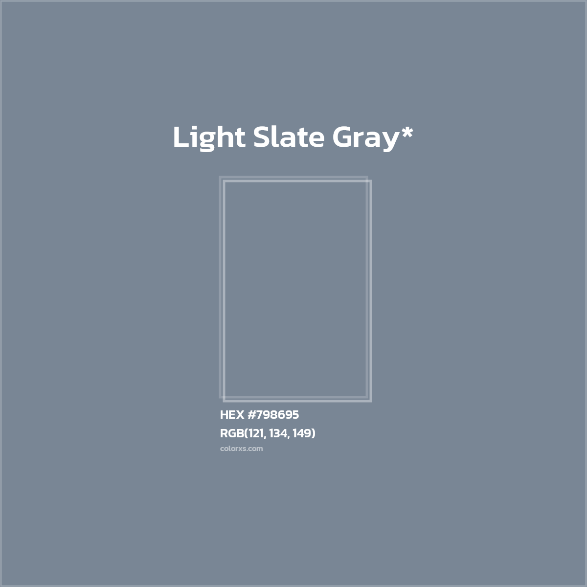 #798695 hex color. RGB, RYB, CMYK, HSL, HSV codes and color conversions. Matching color names, palettes, paints.