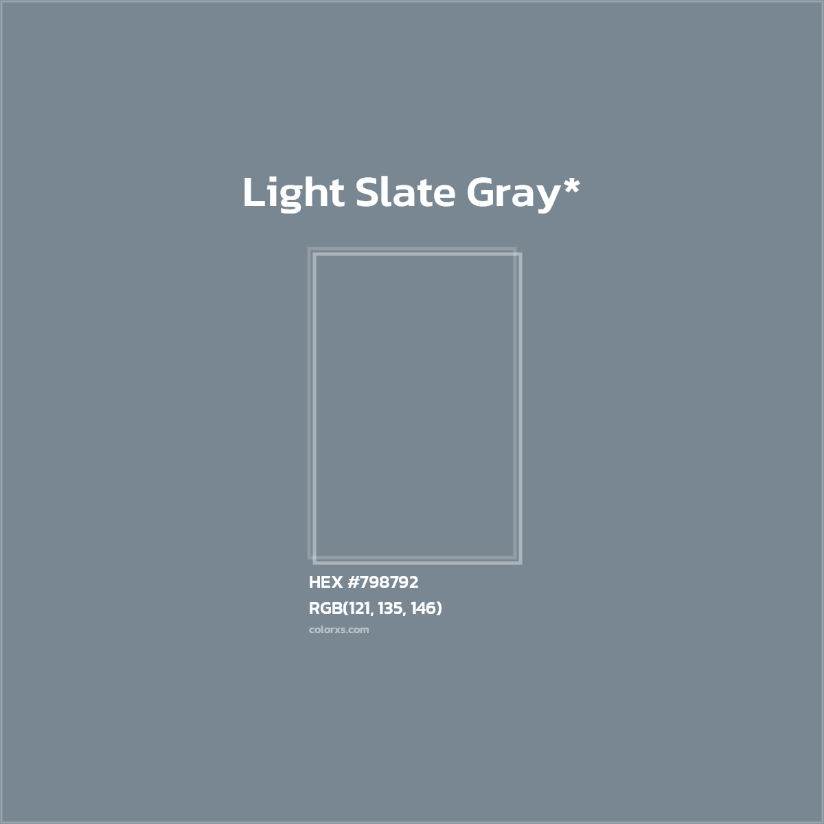 #798792 hex color. RGB, RYB, CMYK, HSL, HSV codes and color conversions. Matching color names, palettes, paints.