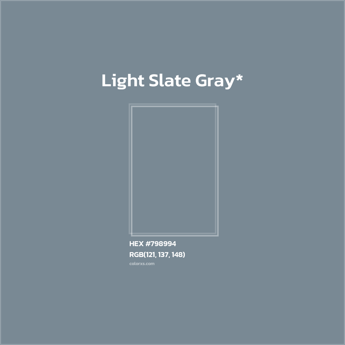 #798994 hex color. RGB, RYB, CMYK, HSL, HSV codes and color conversions. Matching color names, palettes, paints.