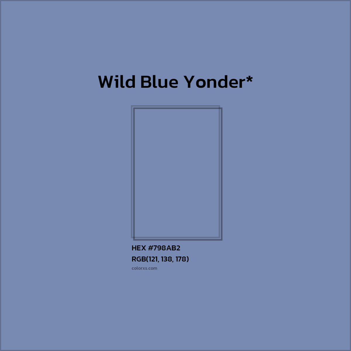 #798AB2 hex color. RGB, RYB, CMYK, HSL, HSV codes and color conversions. Matching color names, palettes, paints.